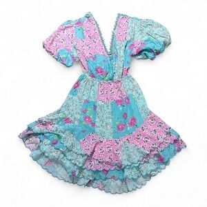 Blue B. Collection Pink and blue floral patchwork print dress with puff sleeve